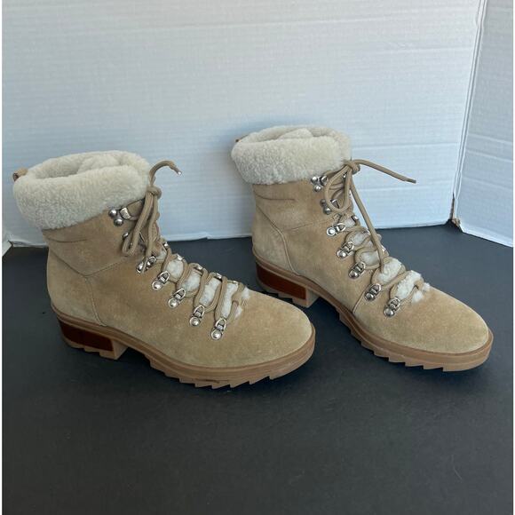 Marc Fisher LTD Brylee Beige Cream Shearling Trim Suede Lace Up Combat Boots 10M - Picture 2 of 10